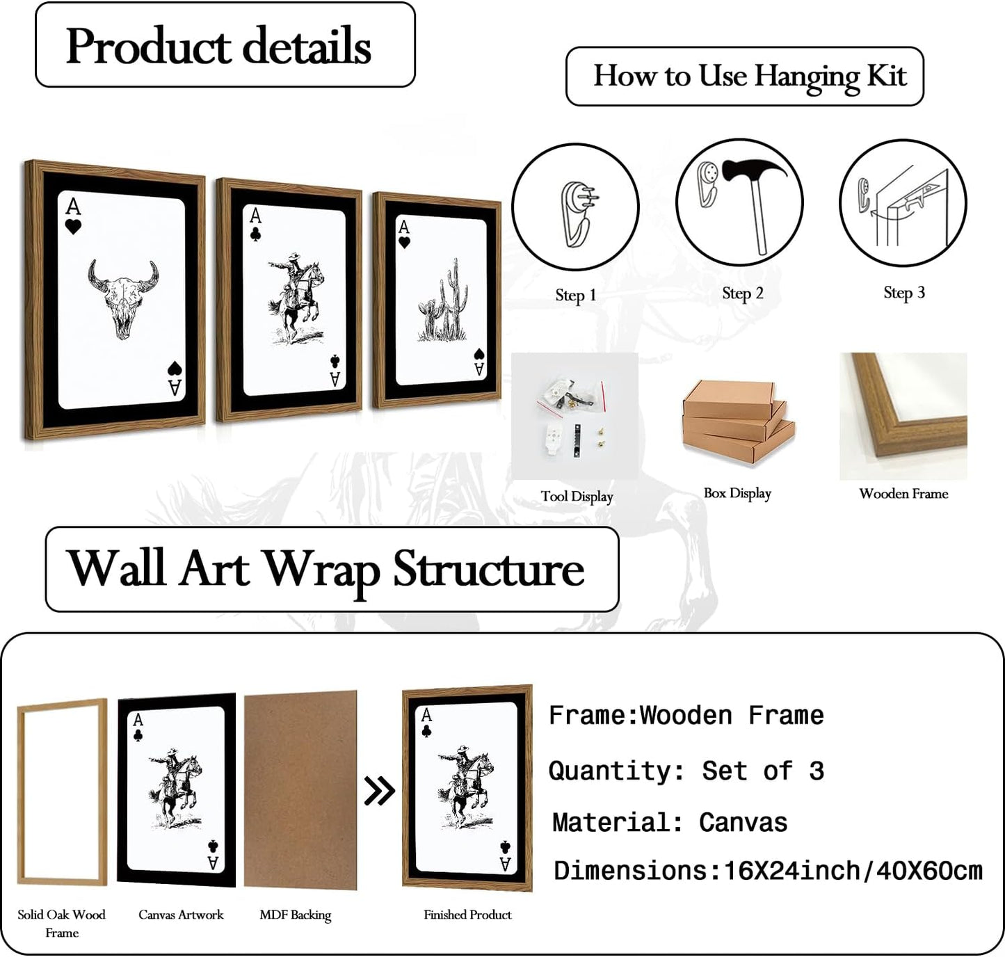 Western Wall Art Set of 3, Southwestern Cowboy Playing Card Wall Decor, Longhorn Bull Skull and How Lucky are We Poster Canvas Painting Prints for Bedroom Living Room 12x16 inch Wood Framed