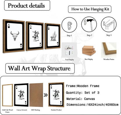 Western Wall Art Set of 3, Southwestern Cowboy Playing Card Wall Decor, Longhorn Bull Skull and How Lucky are We Poster Canvas Painting Prints for Bedroom Living Room 12x16 inch Wood Framed