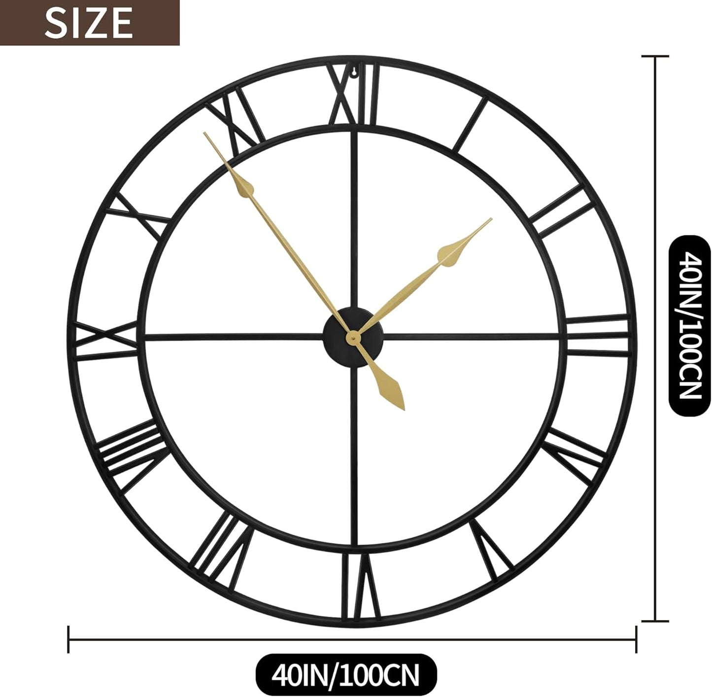 LEIKE 16" Large Wall Clocks Battery Operated, Round Modern Silent Non-Ticking Black Metal Wall Clock for Living Room Decor, Bedroom Kitchen (40cm Diameter, Black Roman Number)