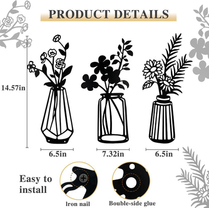 3 Pcs Metal Vase Wall Arts,Iron Art Painting,Rustic Farmhouse Decor Minimalist Flower Wall Decor for Bedroom Bathroom Living Room Dining Room(Blue, Vase-D)