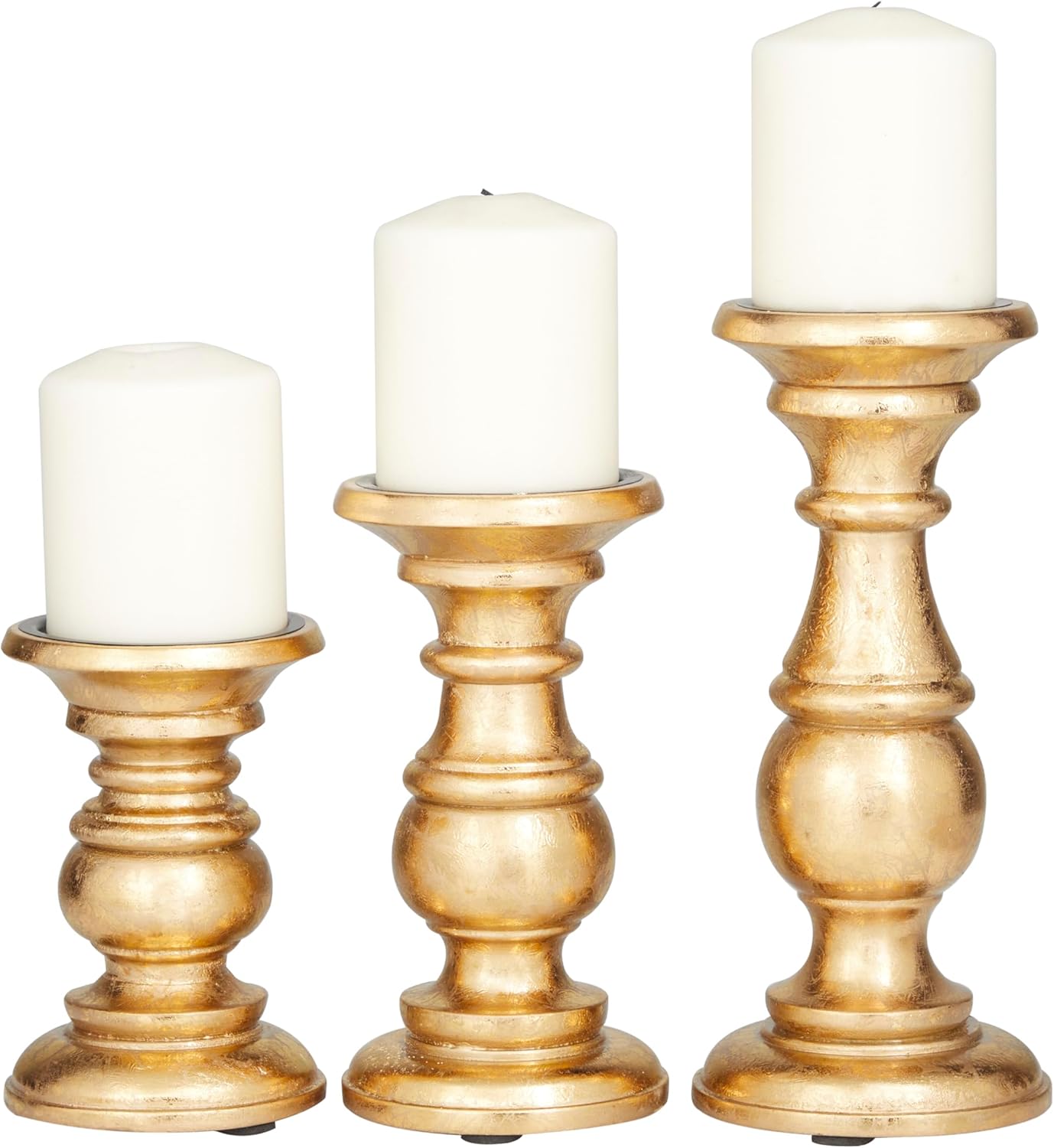 Deco 79 Mango Wood Decorative Candle Holder Distressed Turned Pillar Candle Stand, Set of 3 Candlestick Holder 6", 8", 10"H, Light Blue