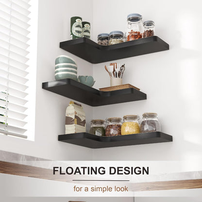 fuqing Floating Corner Shelves, Wall Shelf Set of 3, Shelves for Wall Storage, Solid Wood Shelves for Storage, Wall Mount Wooden Display Shelf for Bathroom Bedroom Kitchen Garage, Rustic Brown