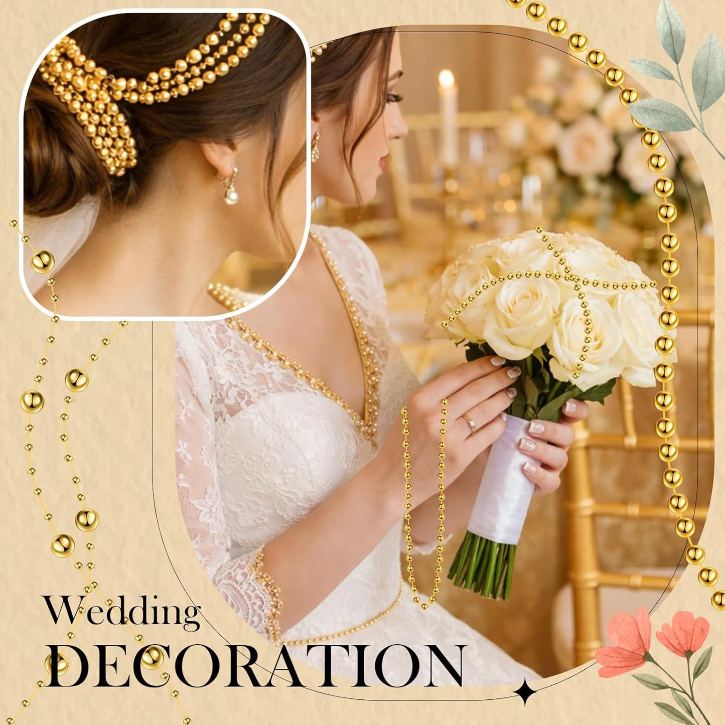 Bonuci 3 Rolls 66 Feet Pearls String Garland Faux Pearl Garland Spool Roll Strand Decoration Artificial Beads Chain Trim for Wedding Party Crafting Wedding Mother's Day Flower Decor(Ivory,4mm)