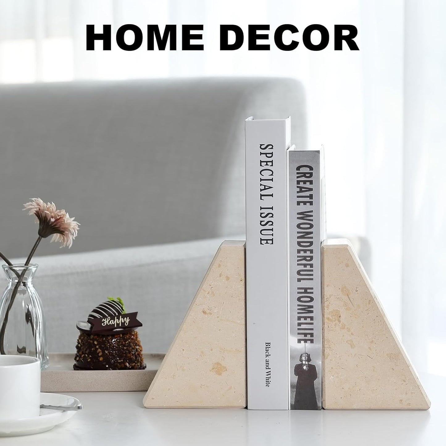 Karibiber Travertine Bookends for Heavy Books, Marble Decorative Bookends for Shelves, Heavy-Duty Stone Book Ends for Hardback Book & Cookbooks, Unique Book Stopper & Holder, Travertino Italy