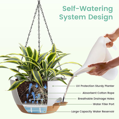 UOUZ Set of 3-10 Inch Self Watering Hanging Planters for Indoor Outdoor，Hanging Plant Pots with Drainage & Removable Tray, Hanging Pots Holder for Ivy, Pothos, Ferns, Balcony & Patio, Black with Brown