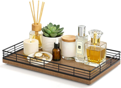 Bathroom Vanity Tray for Countertop, 12" x 6" Acacia Wood Toilet Tank Tray with Metal Guardrail, Bathroom Organizer for Soap, Perfume & Skincare, Non-Slip Decorative Tray for Dresser, Black & Acacia