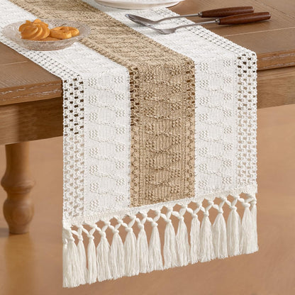 Socomi Boho Table Runner Summer Farmhouse Rustic Dining Kitchen Centerpiece Decor Small Macrame Woven Cotton Linen Coffee Table Runner for Dresser Scarf Home Decor 12x36 inch Beige