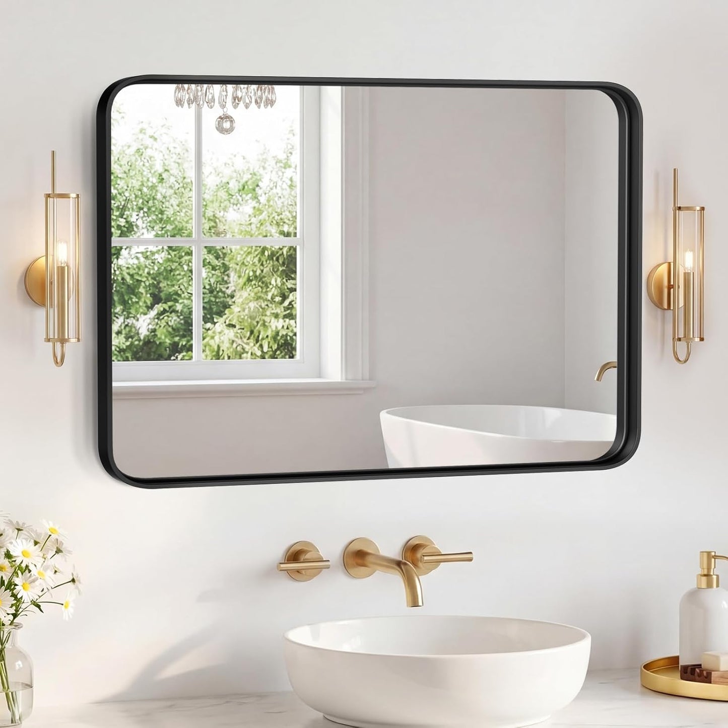 OLIXIS Arched Bathroom Mirror for Over Sink, 34x32 Inch Wall Mirror Arched Rounded Rectangle, Modern Wall Mount Vanity Mirror with Matte Metal Deep Framed, for Home Decor, Living Room, Black
