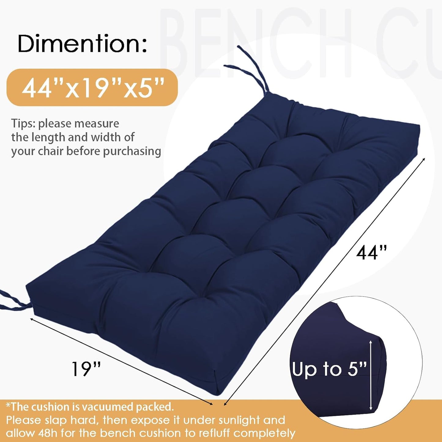MTMR Outdoor Bench Cushion-44X19 Water-Repellent Tufted Porch Swing Cushions with High Elasticity PP Cotton and Ties Fade-Resistant Patio Outdoor Chair Cushion for Bench Furniture, Indoor Seat Cushion
