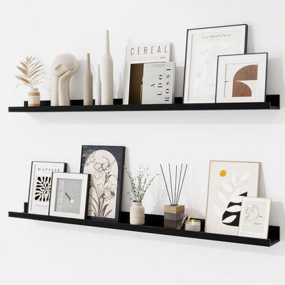 RICHFOCUS Picture Ledge Shelf, 24 inch Floating Shelves Set of 2, Wood Wall Shelves with Lip, Wall Decor Storage for Bedroom Living Room Bathroom Kitchen Nursery Photo Picture, Walnut