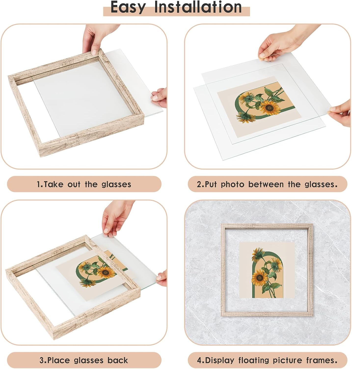 MUYE 11x14 Floating Frame Set of 2,Double Glass Rustic Frame,Display Any Size Photo up to 11x14,Wall Mount or Tabletop Standing,Natural
