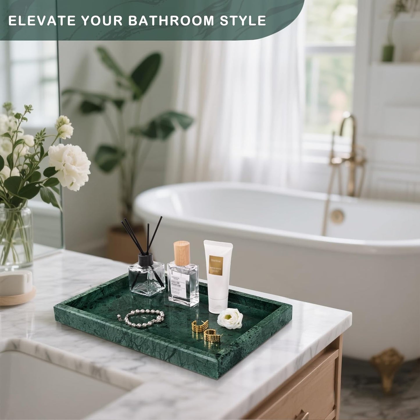 Marble Bathroom Tray for Countertop & Home Decor, Natural Decorative Marble Tray for Jewelry & Perfume Organizer, Luxury Stone Vanity Trays for Dresser, Kitchen Counter, 12" x 8", Gray Black