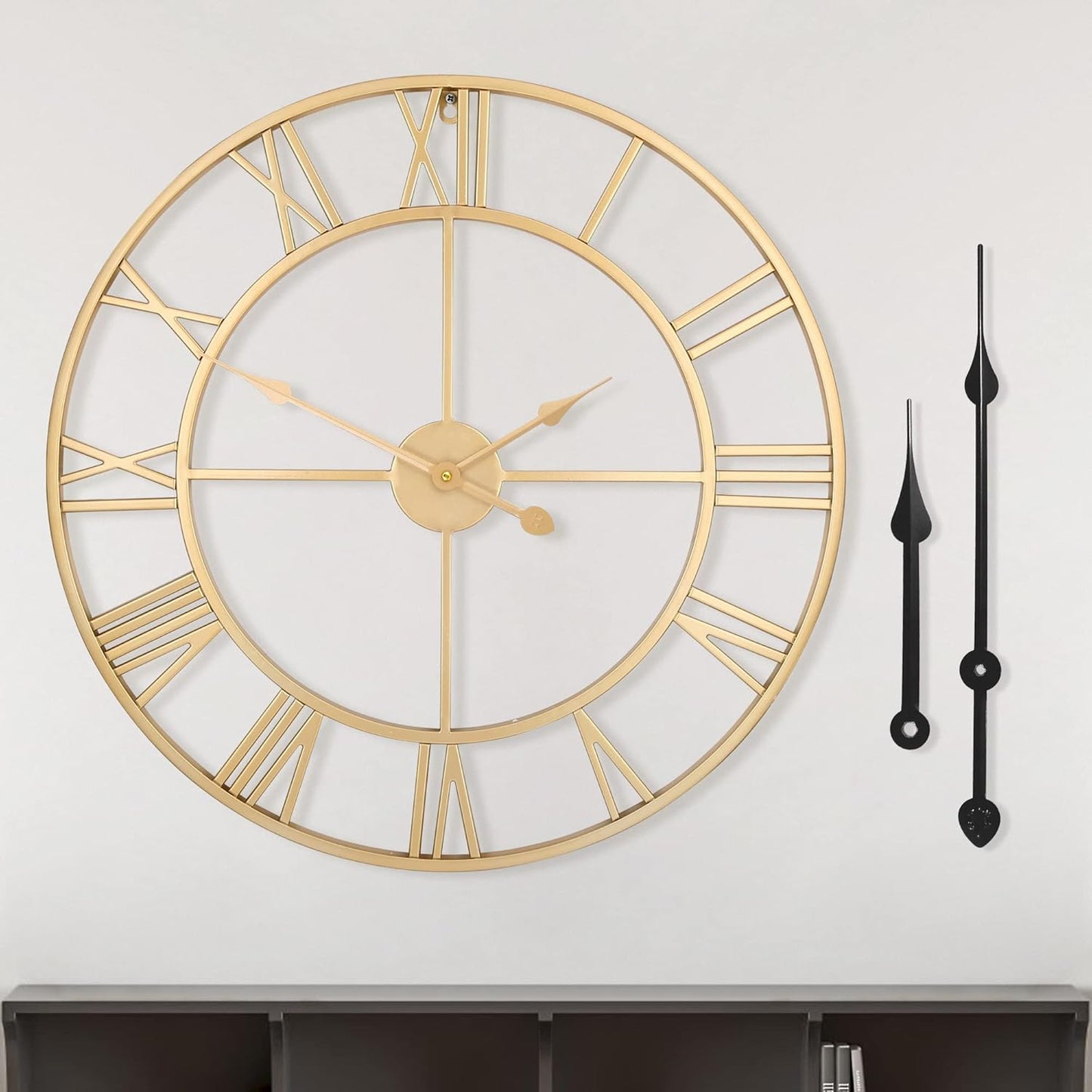 LEIKE 16" Large Wall Clocks Battery Operated, Round Modern Silent Non-Ticking Black Metal Wall Clock for Living Room Decor, Bedroom Kitchen (40cm Diameter, Black Roman Number)