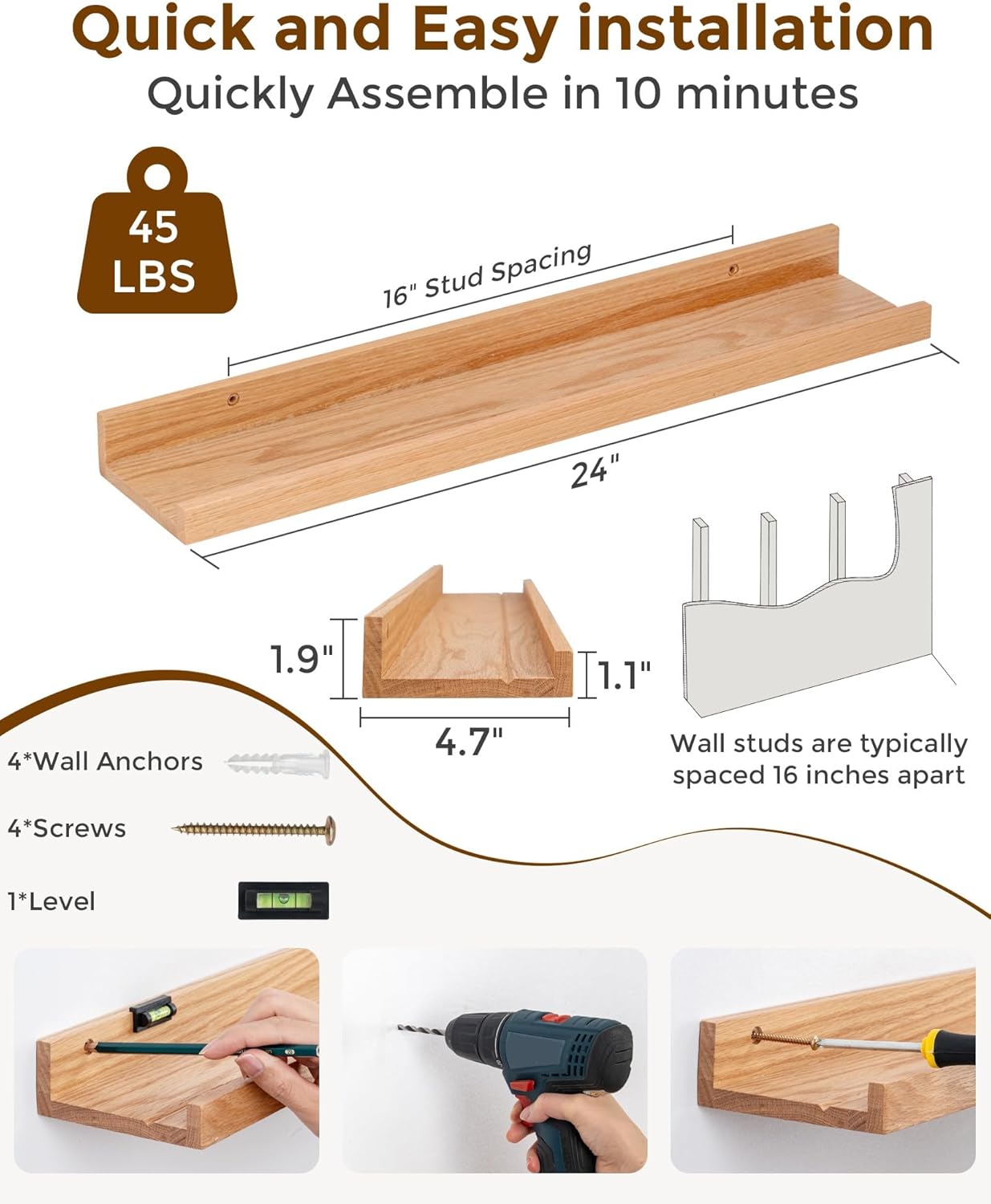 Axeman Oak Picture Ledge Shelf, 48 Inch Floating Shelves Set of 2, Solid Oak Wood Wall Shelves with Lip, Wall Decor Storage for Bedroom Living Room Bathroom Kitchen Nursery Photo Picture, Natural Oak