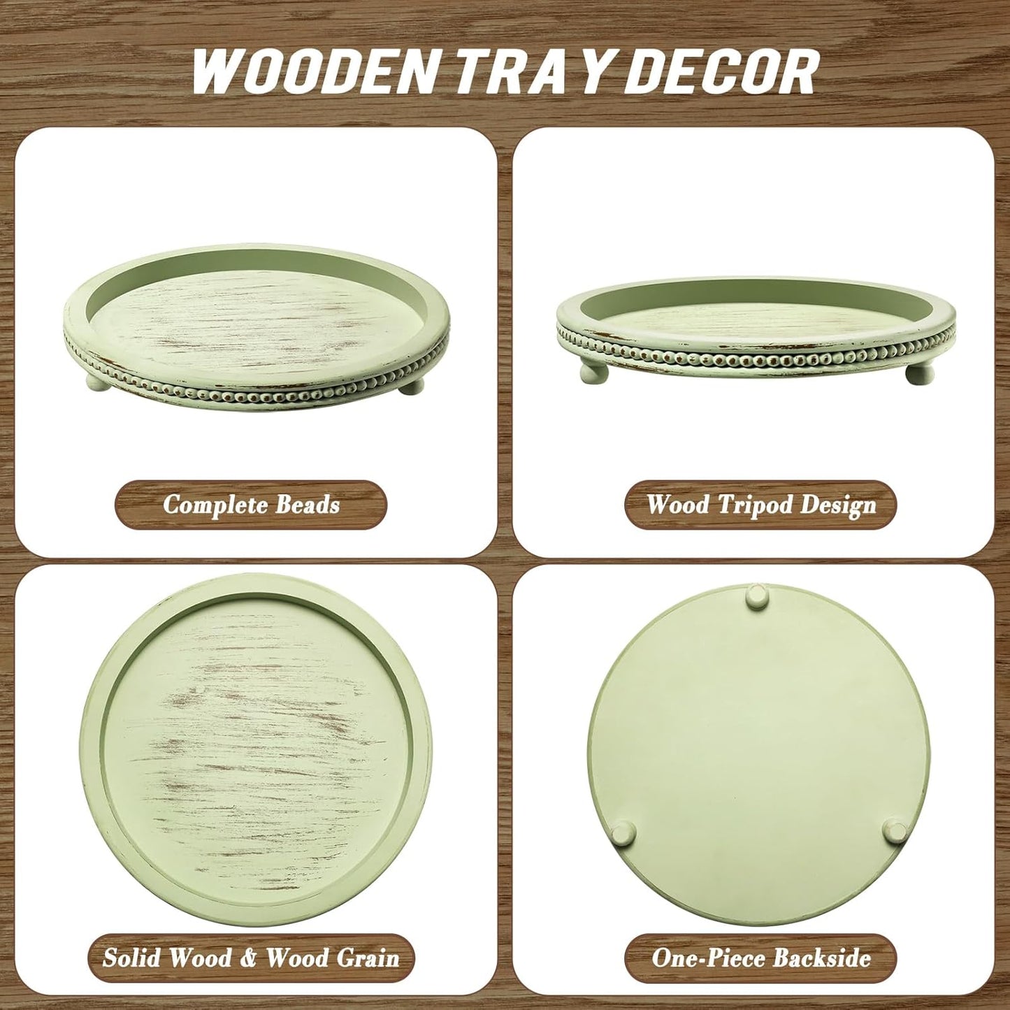 KULEDM Handmade Wooden Decorative Tray, Small Beaded Coffee Table Tray Decor, Sage Round Serving Tray for Coffee Table, Dining Room Table Entryway and Living Room Table