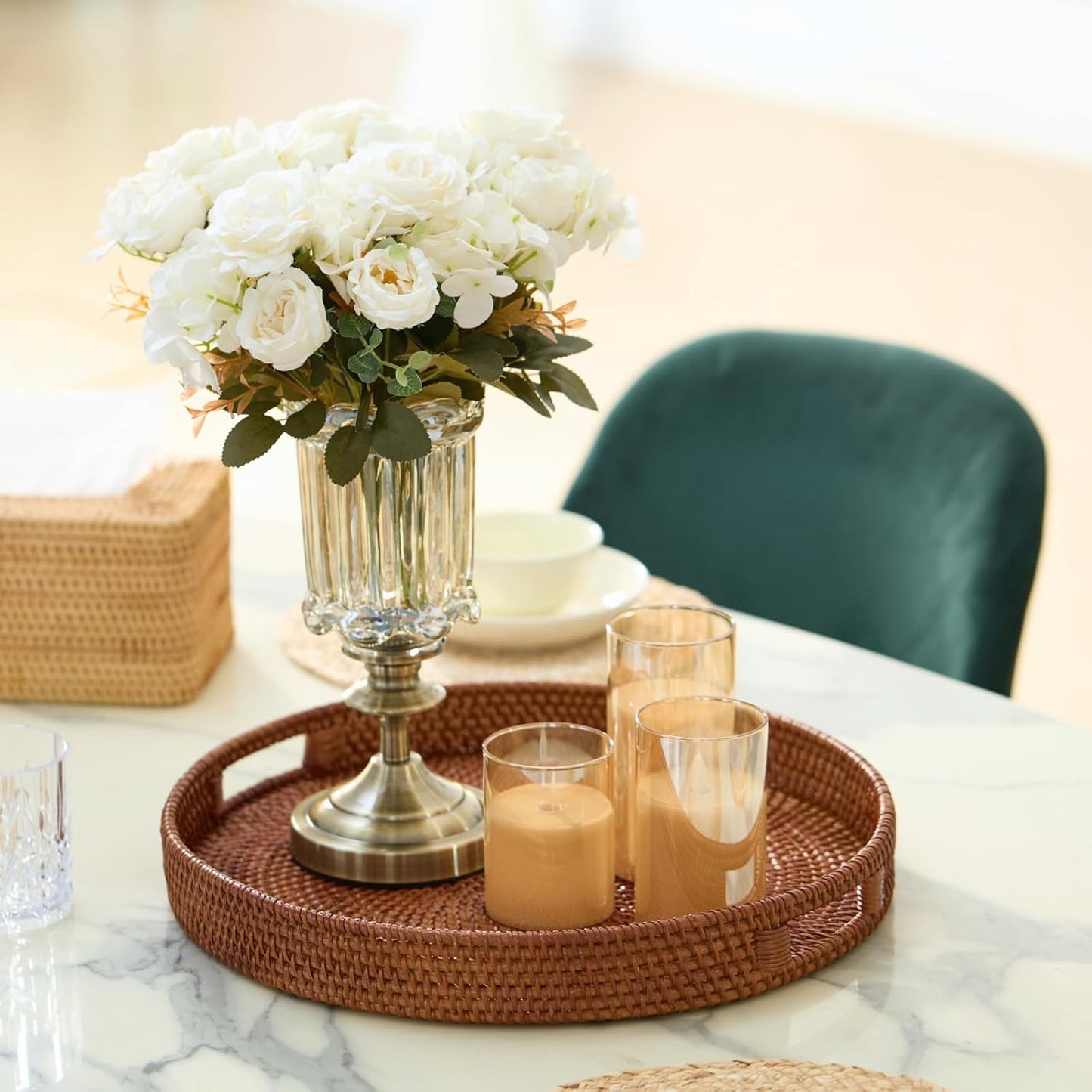 13.8 inch Round Rattan Tray, Decorative Coffee Table Tray, Ottoman Tray, Woven Serving Tray with Handles, Wicker Serving Basket, Whitewash