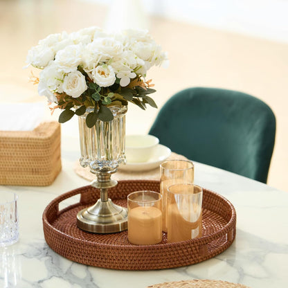 13.8 inch Round Rattan Tray, Decorative Coffee Table Tray, Ottoman Tray, Woven Serving Tray with Handles, Wicker Serving Basket, Whitewash