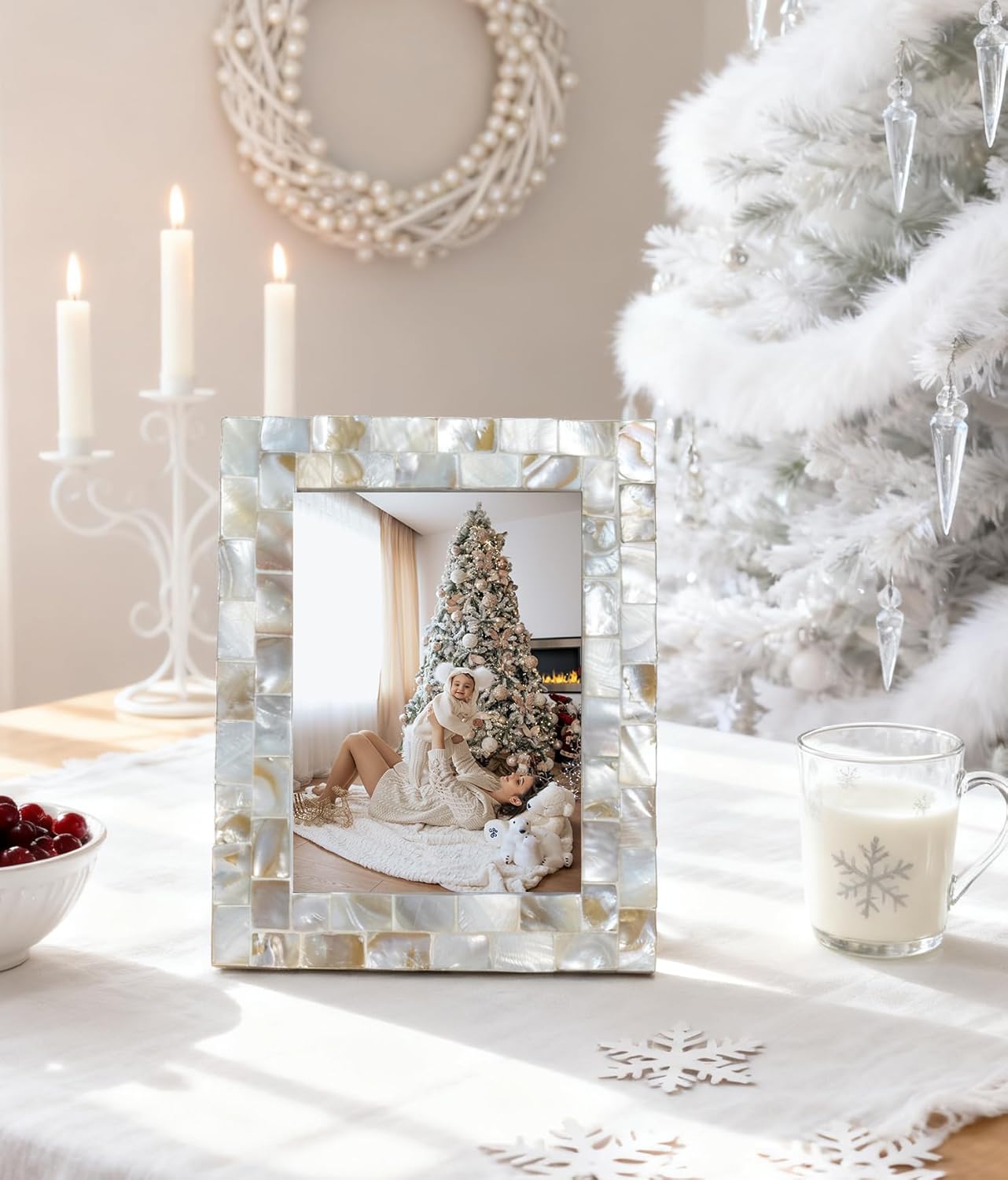Silver Plate Picture Frame 5x7 Mother of Pearl 5 by 7 Photo Frame Mosaic Glass Tabletop Frame (Grey+ White,1pc)