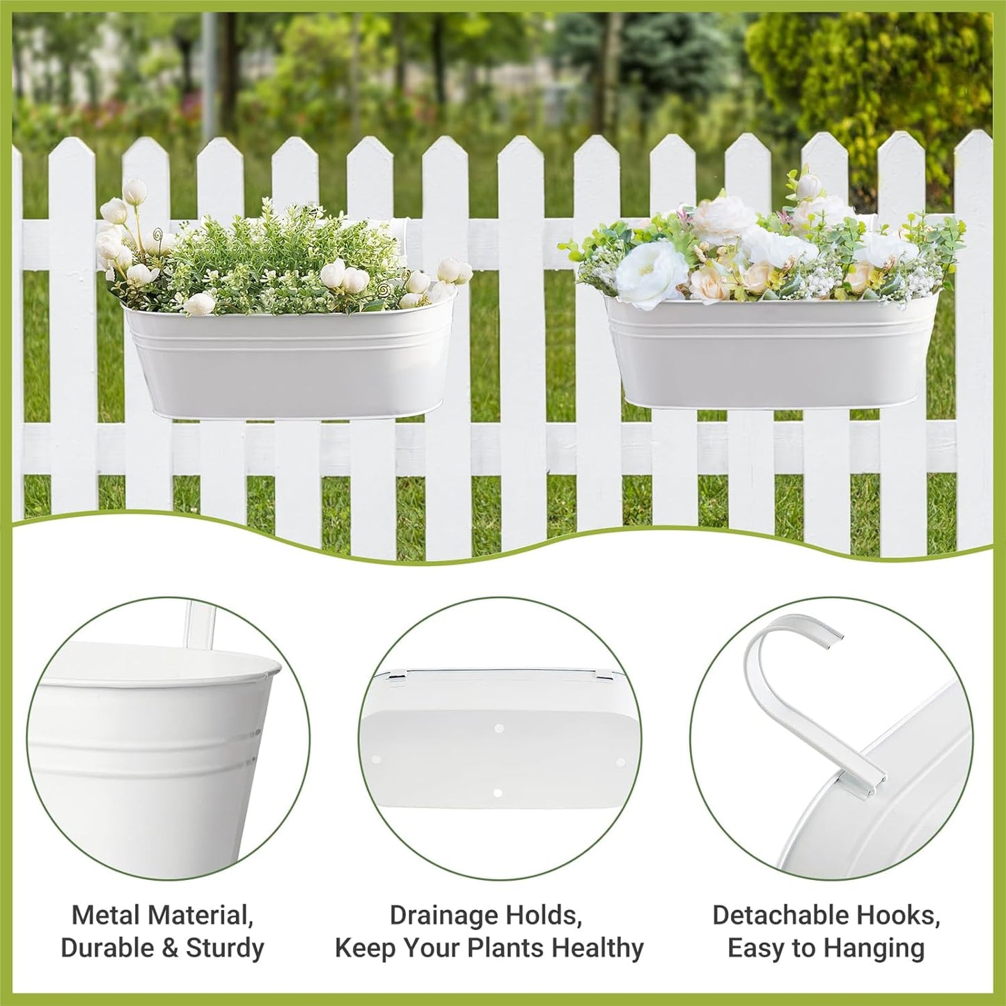 Dahey 3 Pcs Metal Hanging Flower Pots for Railing Fence Outdoor Planter 15.7 Inch Hanging Bucket Pots Countryside Window Flower Plant Holder with Detachable Hooks for Garden Yard Home Decor,Black