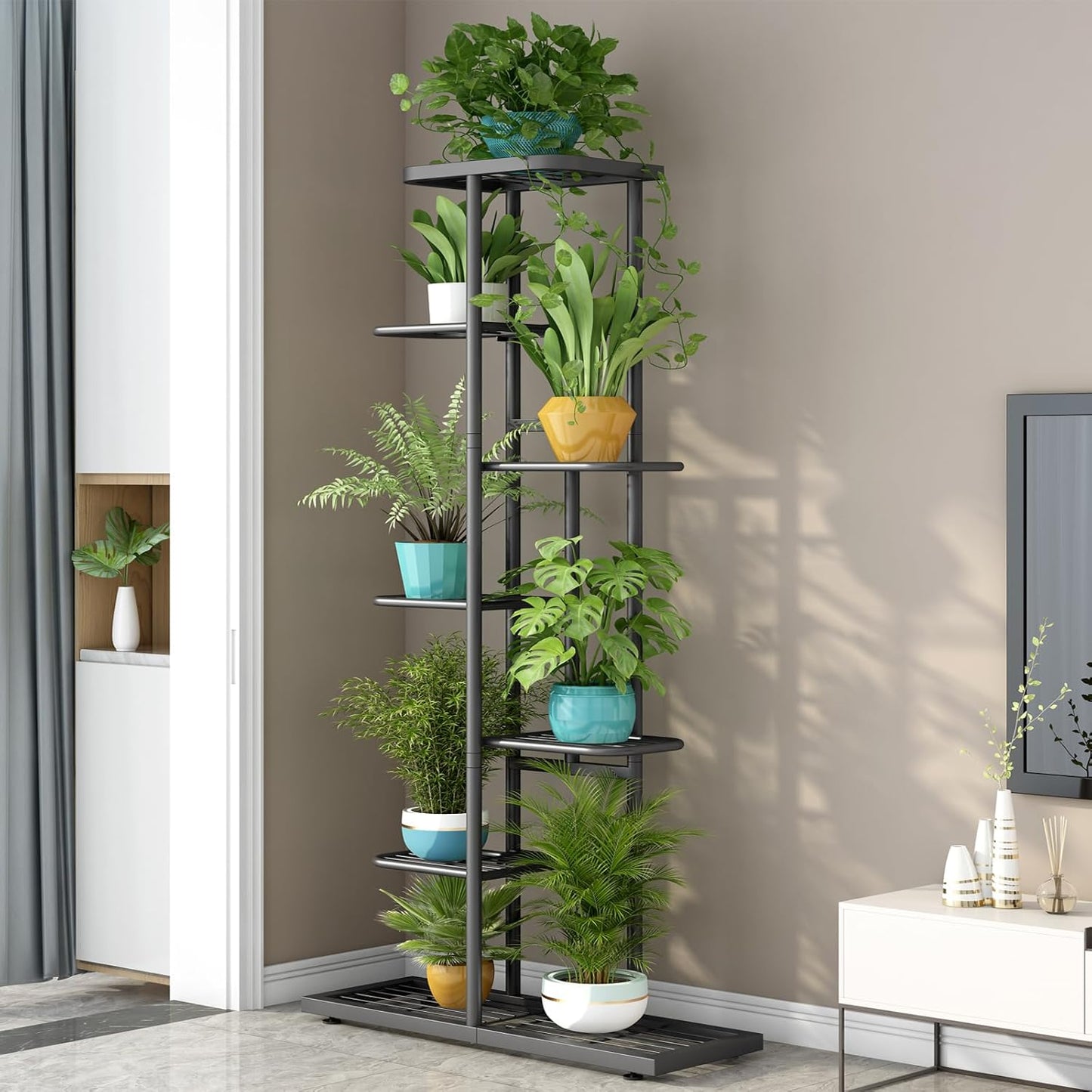 LINZINAR Plant Stand Indoor Outdoor Corner 4 Tier Metal Plant Shelf Patio Plant Rack for Garden Corner Balcony Living Room