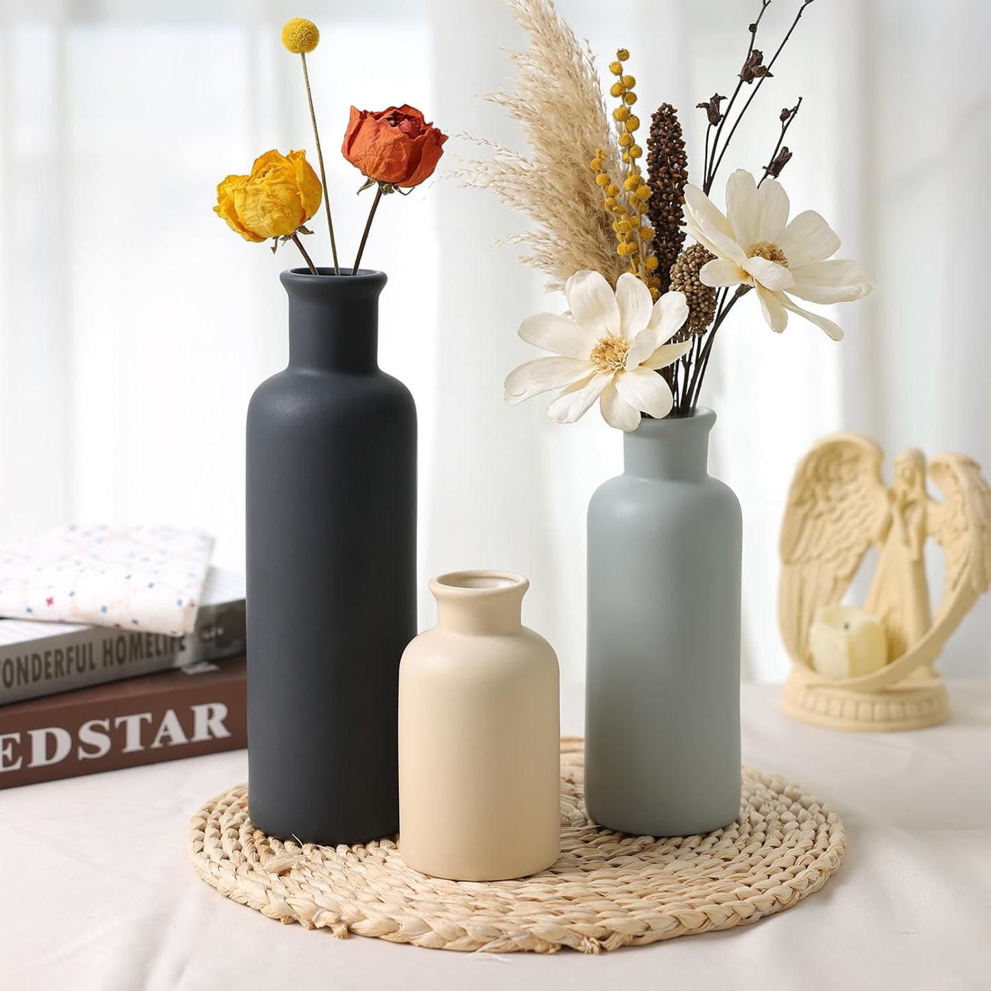 Modern Ceramic Vase Set of 5, Vases Home Decor Rustic Farmhouse Decorative Vase Pottery Vases for Bouquet Pampas Grass Dried Fresh Flowers, Table Living Room Kitchen Bedroom