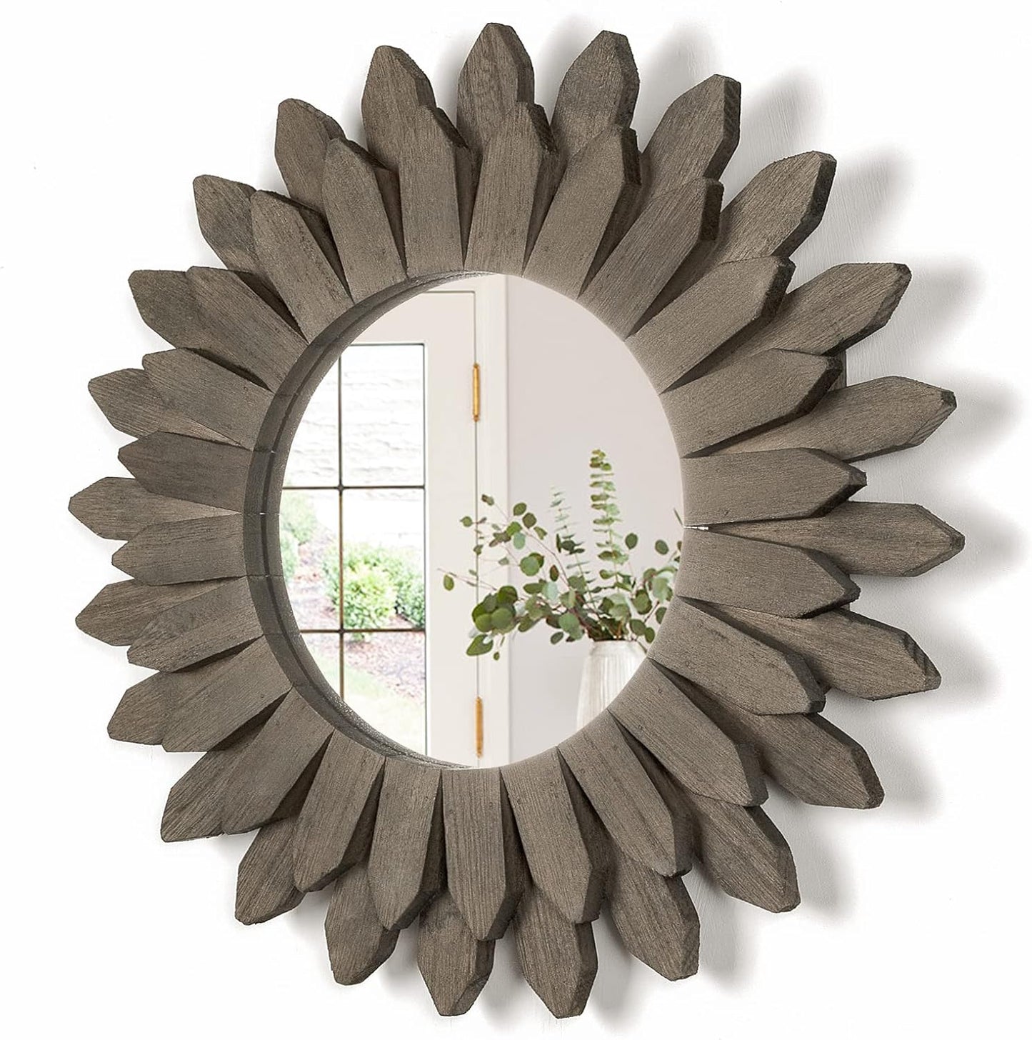 Honiway Wall Mirror Decorative 12 inch Rustic Wood Mirror Sunburst Boho Mirror for Entryway Bedroom Living Room Bathroom House Warming Gifts New Home Essential Carbonized Black