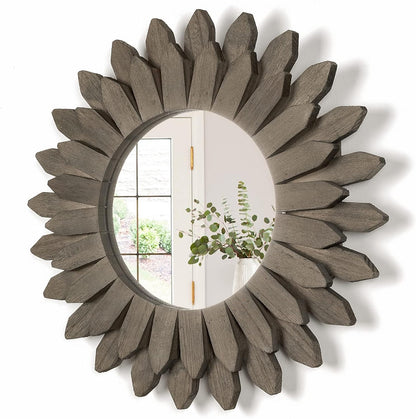 Honiway Wall Mirror Decorative 12 inch Rustic Wood Mirror Sunburst Boho Mirror for Entryway Bedroom Living Room Bathroom House Warming Gifts New Home Essential Carbonized Black
