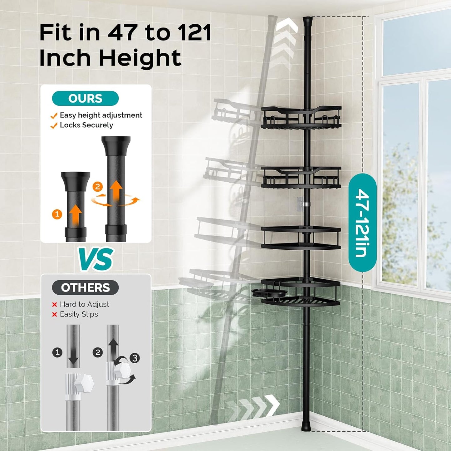HAMITOR Corner Shower Caddy Tension Pole: Rustproof 4-Tier Bathroom Organizer Shelves for Bathtub Shampoo Storage - 47-121 Inch Quick Install Adjustable Rod Standing Rack with Soap Rack - Silver Gray