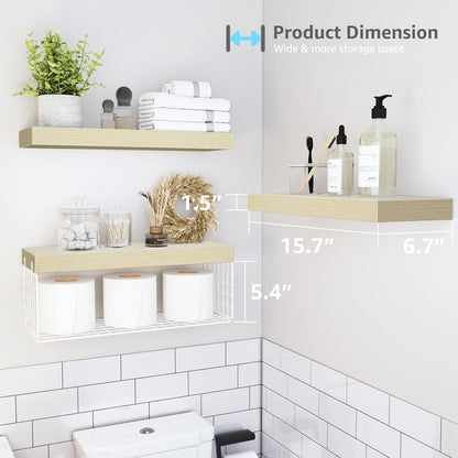 QEEIG Bathroom Shelves Over Toilet - Wall Mounted Floating Shelves Toilet Paper Storage Small Farmhouse Decor Shelf 16 inch Set of 3, Rustic Brown (019-BN3)