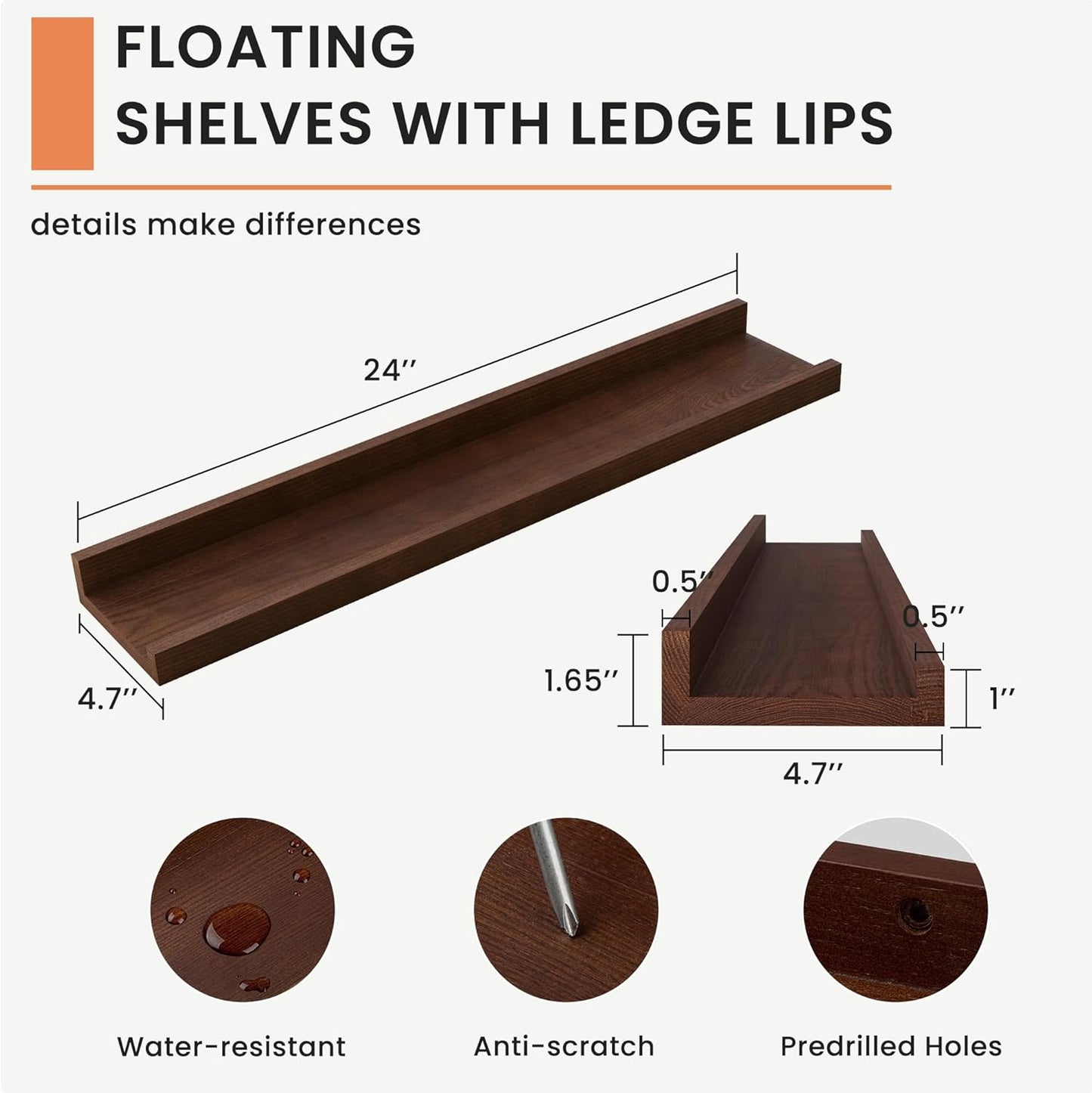 FLYJOE Picture Ledge Shelf, Floating Shelves Set of 2, Solid Pine Wood 55'' Long Large Nursery Book Shelves for Toys Storage, Kids Bookshelf for Living Room Bedroom Decor Books Photo Frames, Walnut