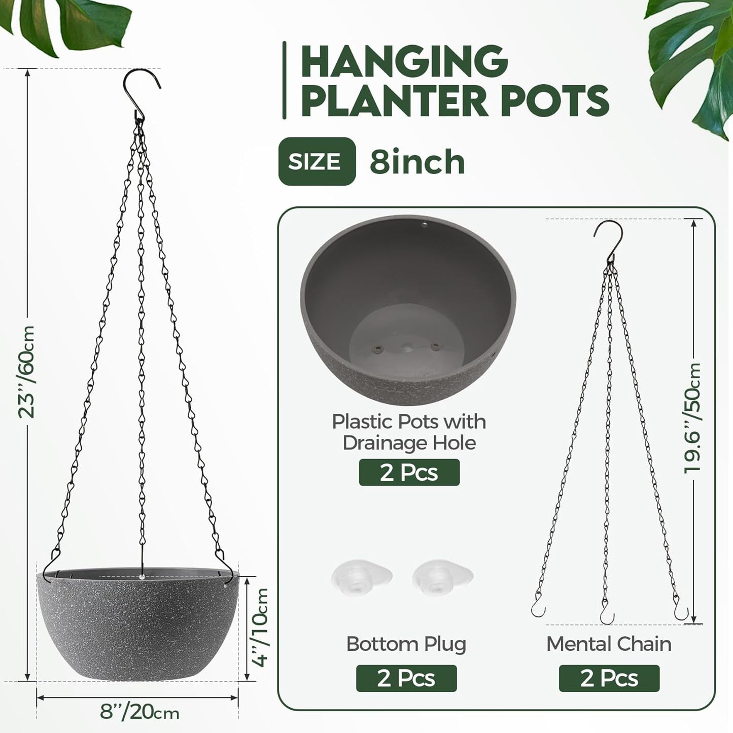 T4U Hanging Planters for Indoor Plants, 10 Inch Hanging Planter Outdoor 2 Pack, Hanging Basket with Drainage Holes, Hanging Plant Holder Indoor, Flower Pots, Plant Pots for Garden, Grey