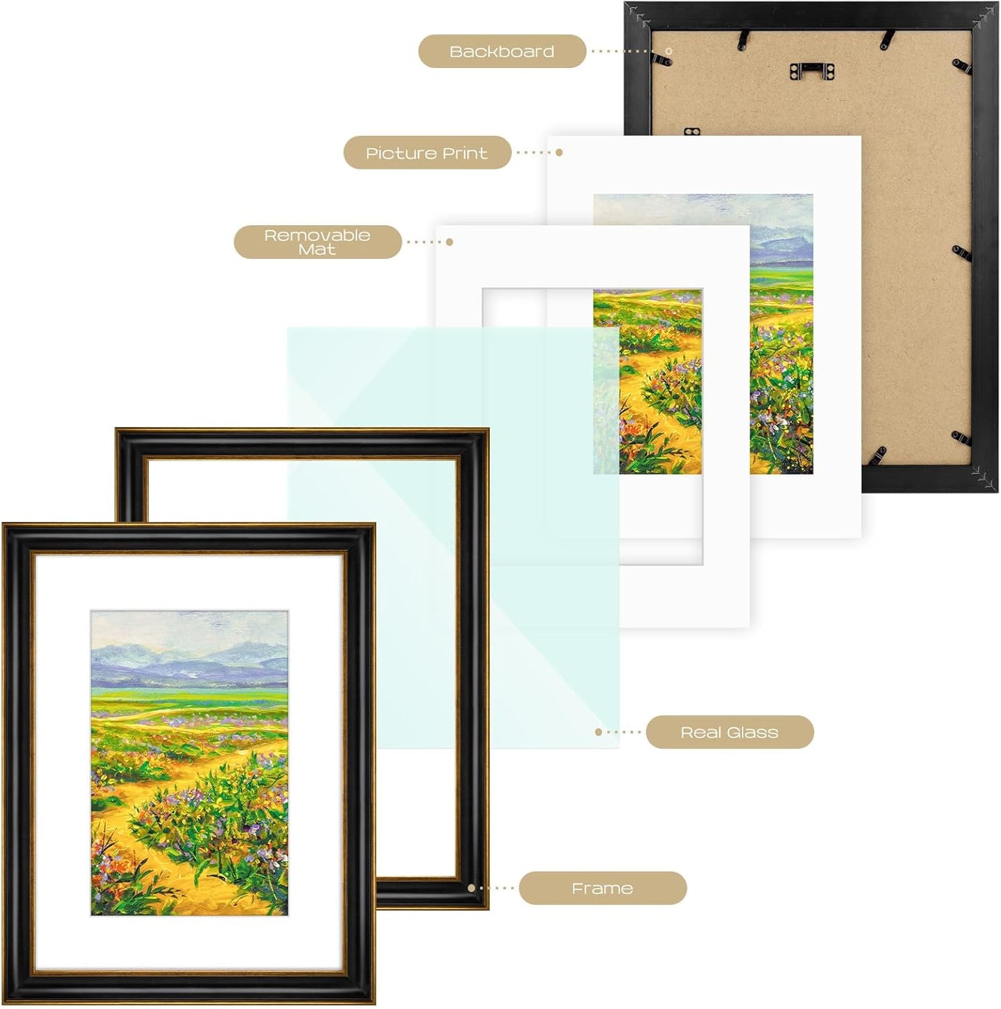 Golden State Art, 11x14 Photo Frame with Mat for Pictures 8x10 and Real Glass (Dark Gold Brown & Bronze Pewter Panel with White Color Mat, 1.25 Inch Frame Border)