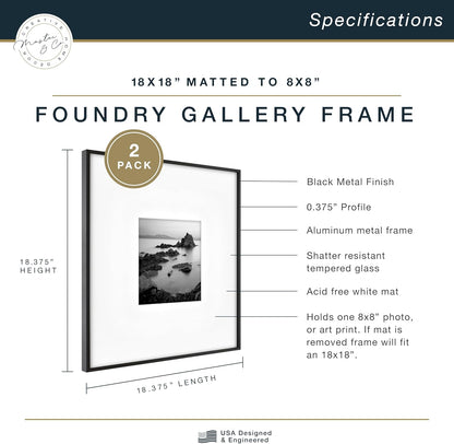 MCS Master & Co. Foundry Metal 18x18 Matted Picture Frame with 8x8 Photo Display, Black Vertical & Horizontal Wall Hanging Frame for Photos & Artwork (1-Pack)