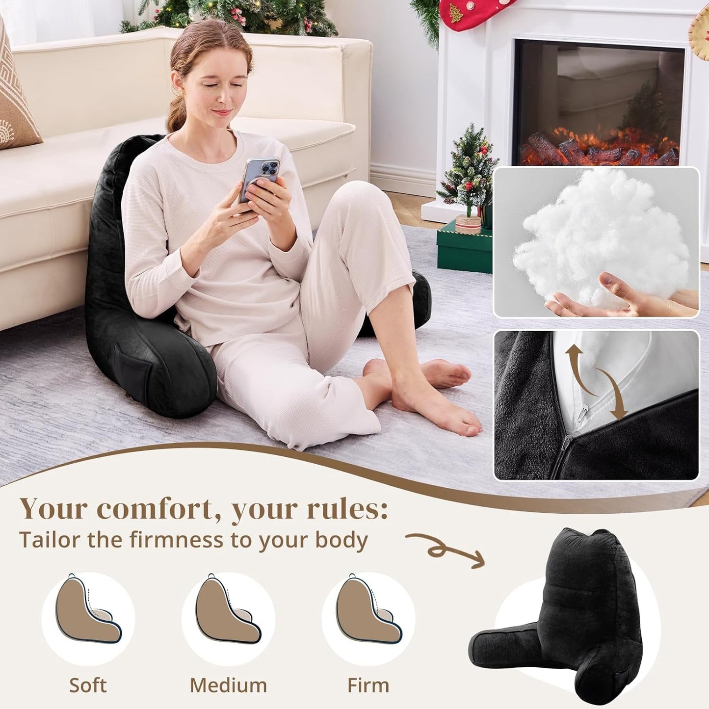 Sasttie Reading Pillows for Sitting in Bed Adult, Back Pillow Bed Sitting Up, Back-Rest Support Cushion for Sit Up on Couch, Sofa, and Floor, Dorm Essentials, Oeko-Tex Certified, Dark Grey