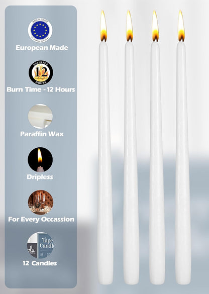 Hyoola 12 Pack Tall Taper Candles - 10 Inch White Dripless, Unscented Dinner Candle - Paraffin Wax with Cotton Wicks - 8 Hour Burn Time