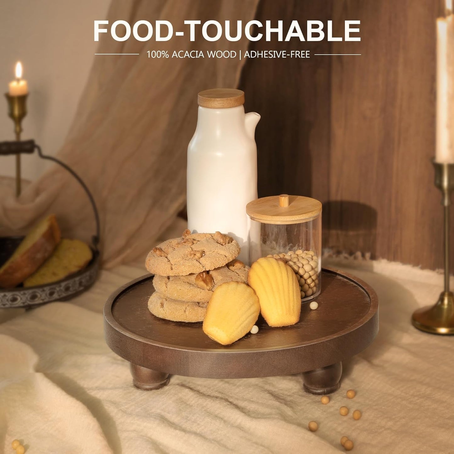EOSAHR Farmhouse Pine Wood Riser for Home Decor – Round Pedestal Stand for Coffee Table & Kitchen Sink – Stylish Display Stand for Dish Soap Dispenser, Candles, Plants and Cupcakes (Green)