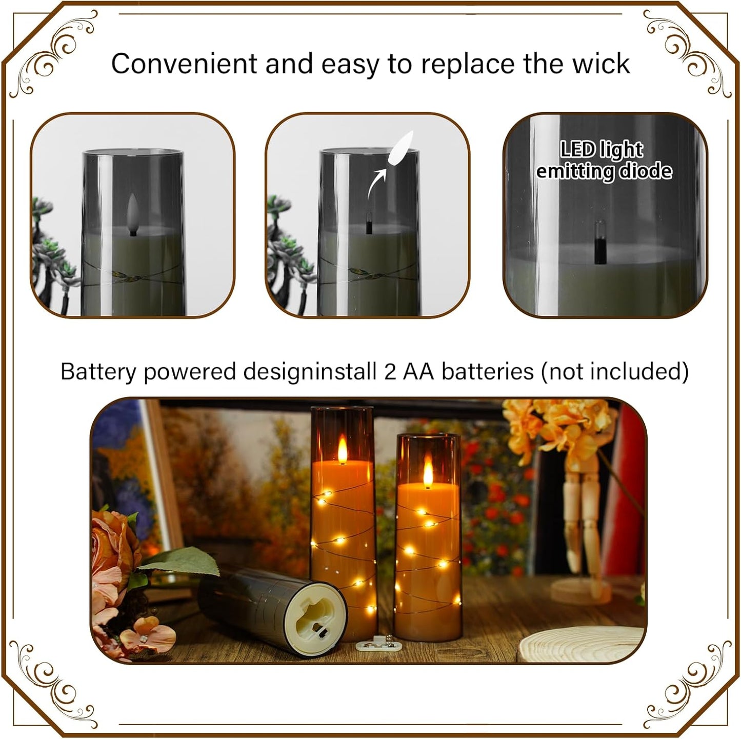 Nimiko Flickering Flameless LED Candles, 9 Pcs with Embedded Star String, Acrylic LED Pillar Candles with Remote, Suitable for Home Decoration (White)