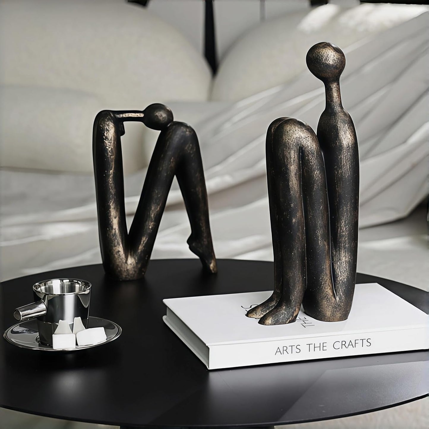 Resin Book Ends, Abstract Thinker Modern Minimalist Decorative Sculpture Bookends, Non-Slip Heavy Duty Bookends for Shelves for Home Office Shelves Desk, Set of 2 (Brown & White)