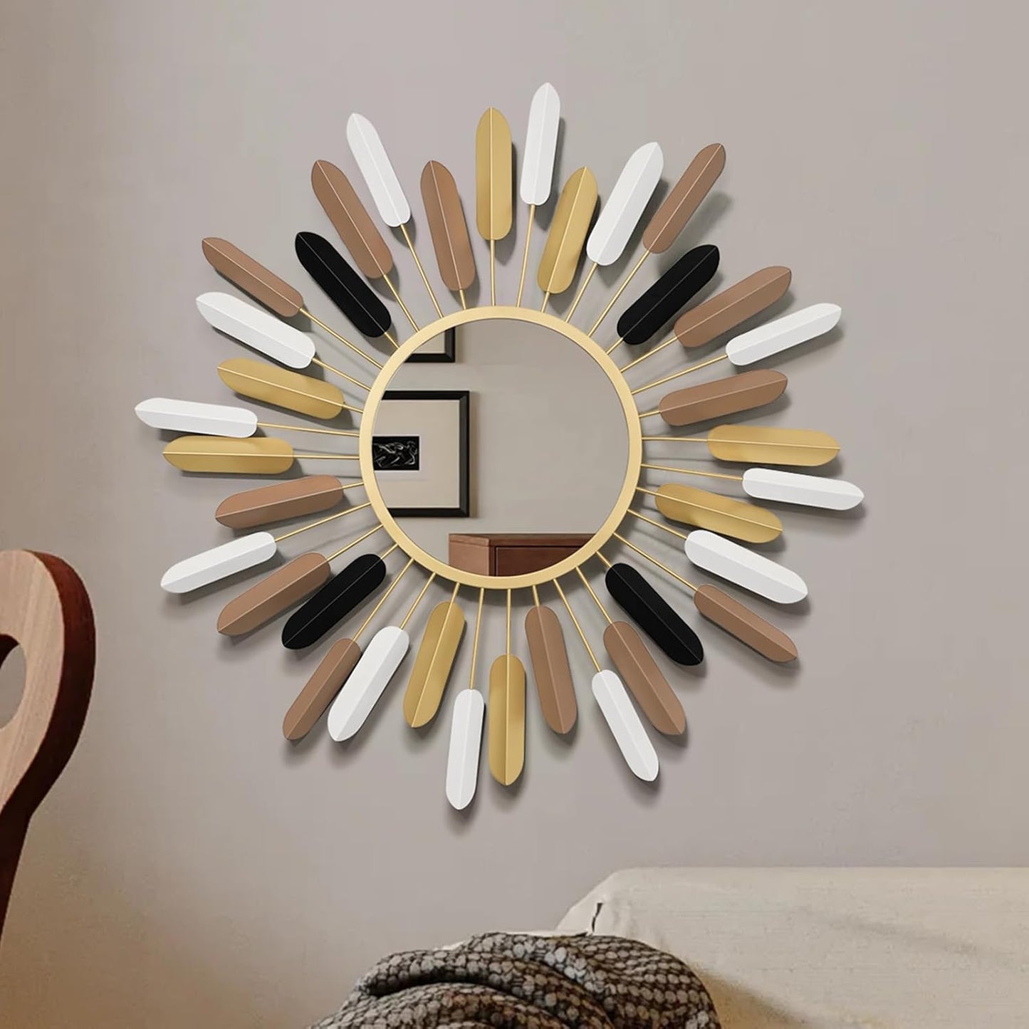 24" Gold Sunburst Decorative Wall Mirror – Handmade Flower Design, Luxury Round Accent Mirror Boho Wall Decor for Bedroom,Entryway, Dining Room & Kitchen