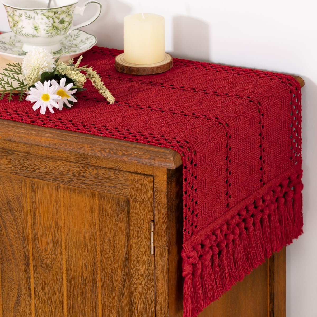 Socomi Boho Table Runner Summer Farmhouse Rustic Dining Kitchen Centerpiece Decor Small Macrame Woven Cotton Linen Coffee Table Runner for Dresser Scarf Home Decor 12x36 inch Beige