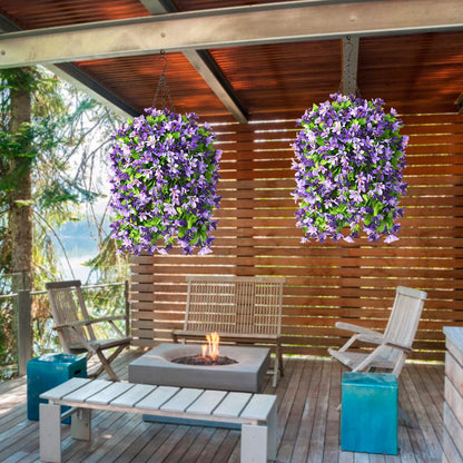INQCMY Artificial Fake Hanging Plants Flowers Basket for Spring Summer Outdoor Outside Porch Decoration,UV Resistant Faux Silk Violet in Planter for Home Patio Balcony Garden Yard Decor(Red)