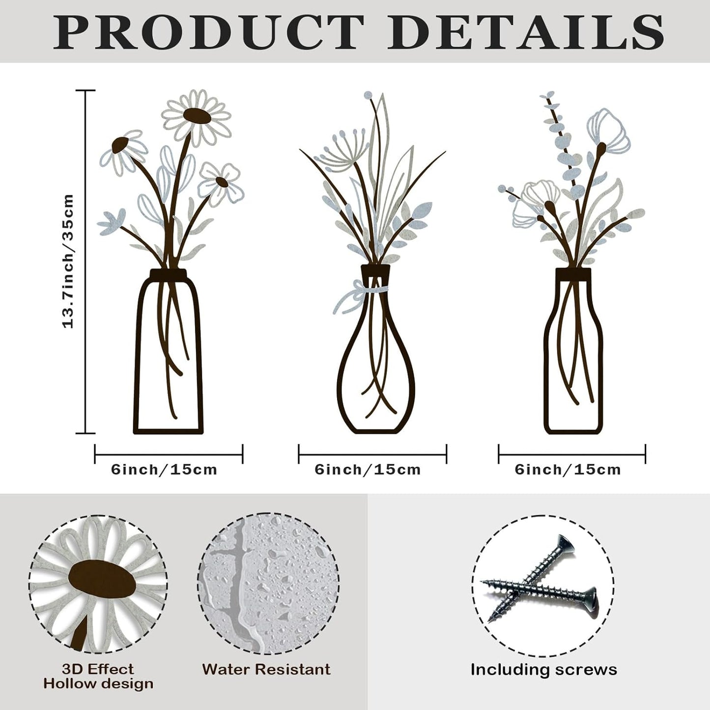 Pigort 3 Pieces Metal Flowers Wall Art- Rustic Farmhouse Decor Minimalist Decor for Living Room Bathroom Bedroom Dining Room, Housewarming Gifts Christmas Decoration(Beige, Vase-C)