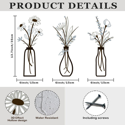 Pigort 3 Pieces Metal Flowers Wall Art- Rustic Farmhouse Decor Minimalist Decor for Living Room Bathroom Bedroom Dining Room, Housewarming Gifts Christmas Decoration(Beige, Vase-C)