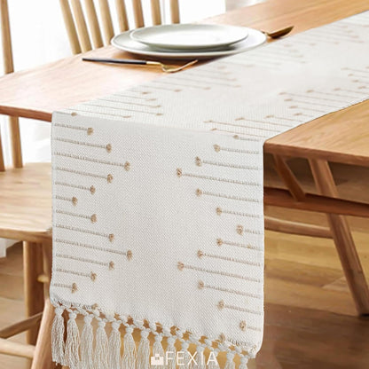 FEXIA Boho Table Runner for Thanksgiving Fall Christmas Home Decor with Tassels 72 Inches Long Pottery barn Furniture Farmhouse Rustic Macrame Burlap Table Decoration for Living Room (12x72 Inches)