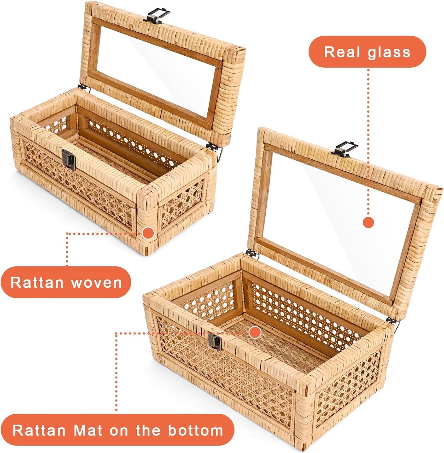 HUAXIN CRAFT H Rattan Decorative Box with Lid, Rectangular Woven with Glass for Display, Set of 2 Wicker for Decor