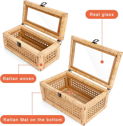 HUAXIN CRAFT H Rattan Decorative Box with Lid, Rectangular Woven with Glass for Display, Set of 2 Wicker for Decor
