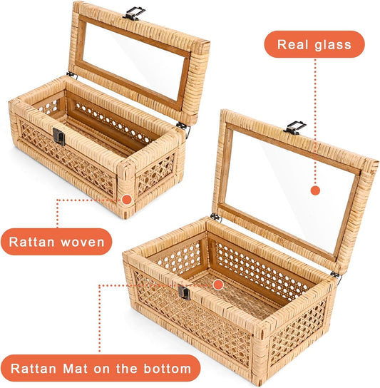 HUAXIN CRAFT H Rattan Decorative Box with Lid, Rectangular Woven with Glass for Display, Set of 2 Wicker for Decor