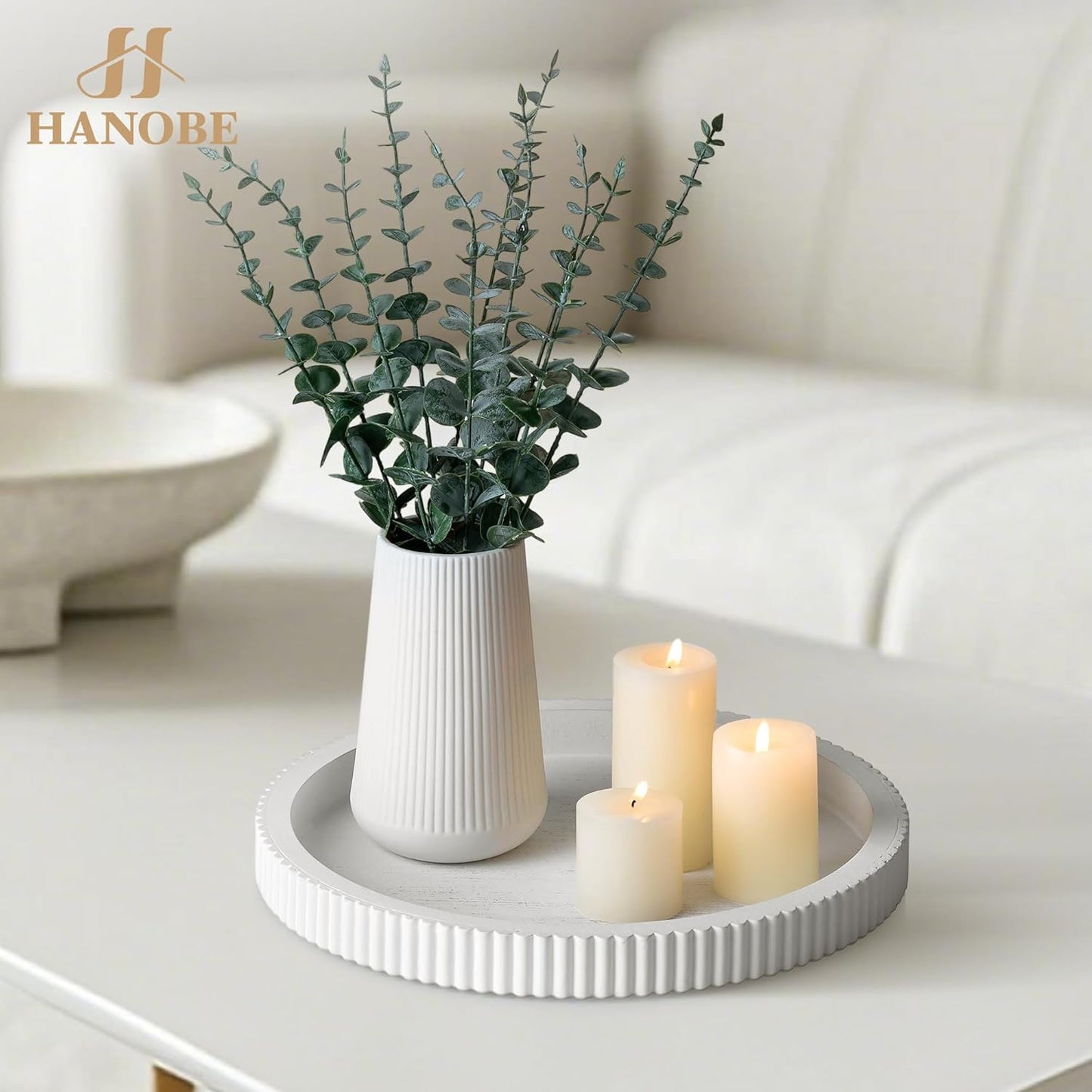 Hanobe Decorative Tray for Coffee Table: 12" Black Round Centerpiece Tray for Home Decor - Wood Modern Farmhouse Decor for Living Dining Room Kitchen Island Tabletop