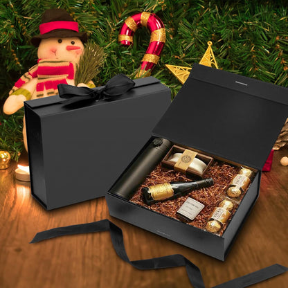 DaiJoob Gift Box with Lid for Presents 10.5x7.5x3.1 Inches with Ribbon and Magnetic Closure(1-Pack) (Black)