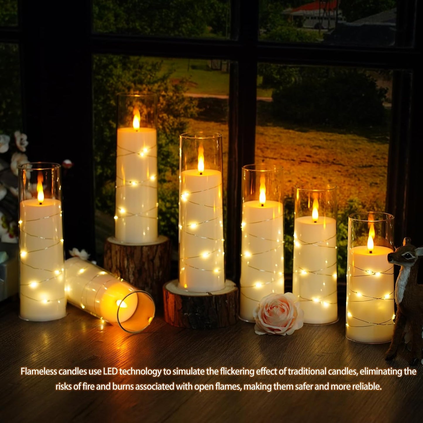 Nimiko Flickering Flameless LED Candles, 9 Pcs with Embedded Star String, Acrylic LED Pillar Candles with Remote, Suitable for Home Decoration (White)